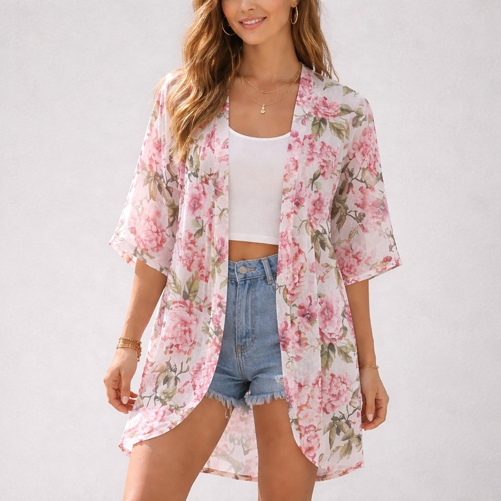 Show Me Your Mumu Floral Robe Womens OS Pink Green Lightweight No Belt - Picture 1 of 7